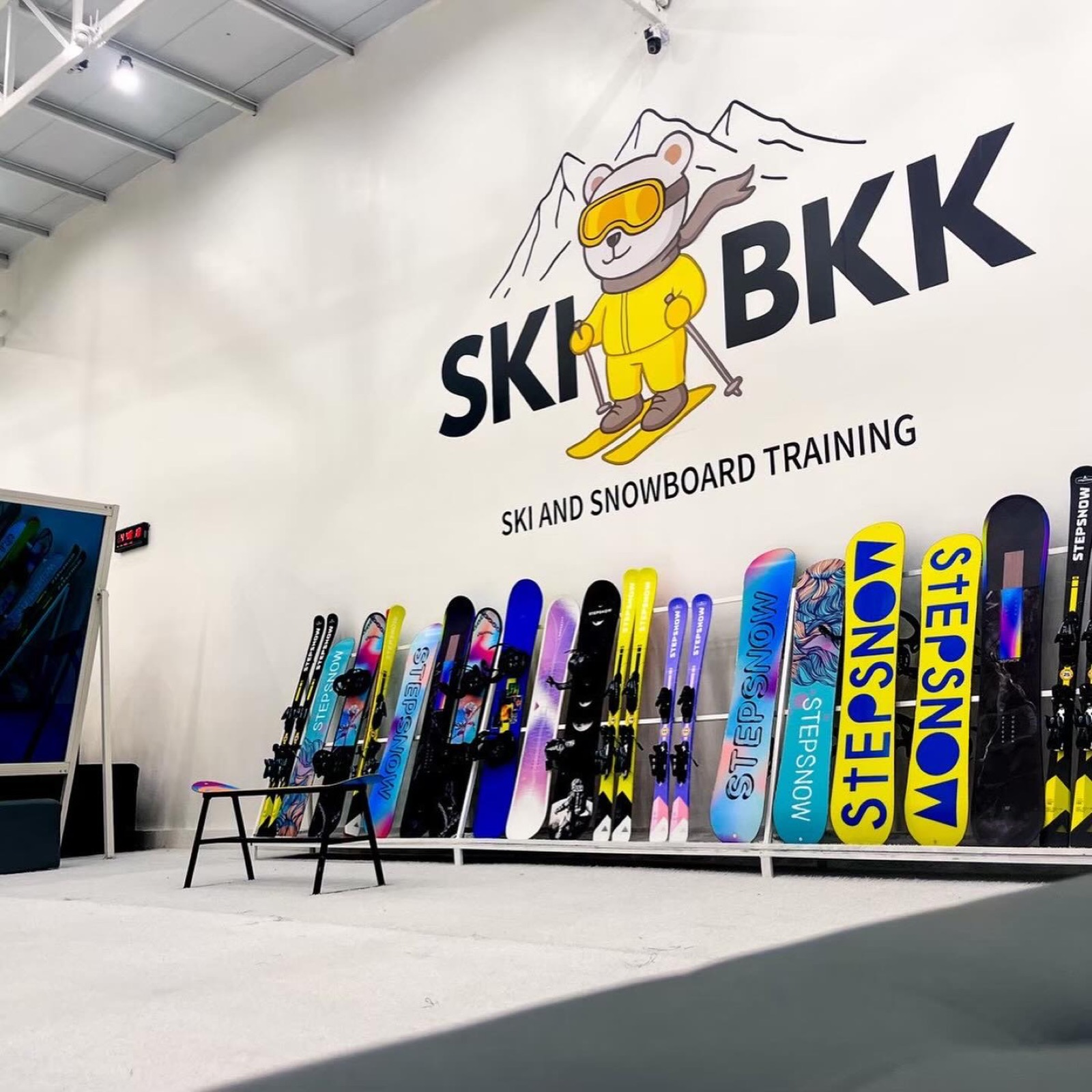 Indoor ski and snowboard training gear at Ski BKK in Bangkok
