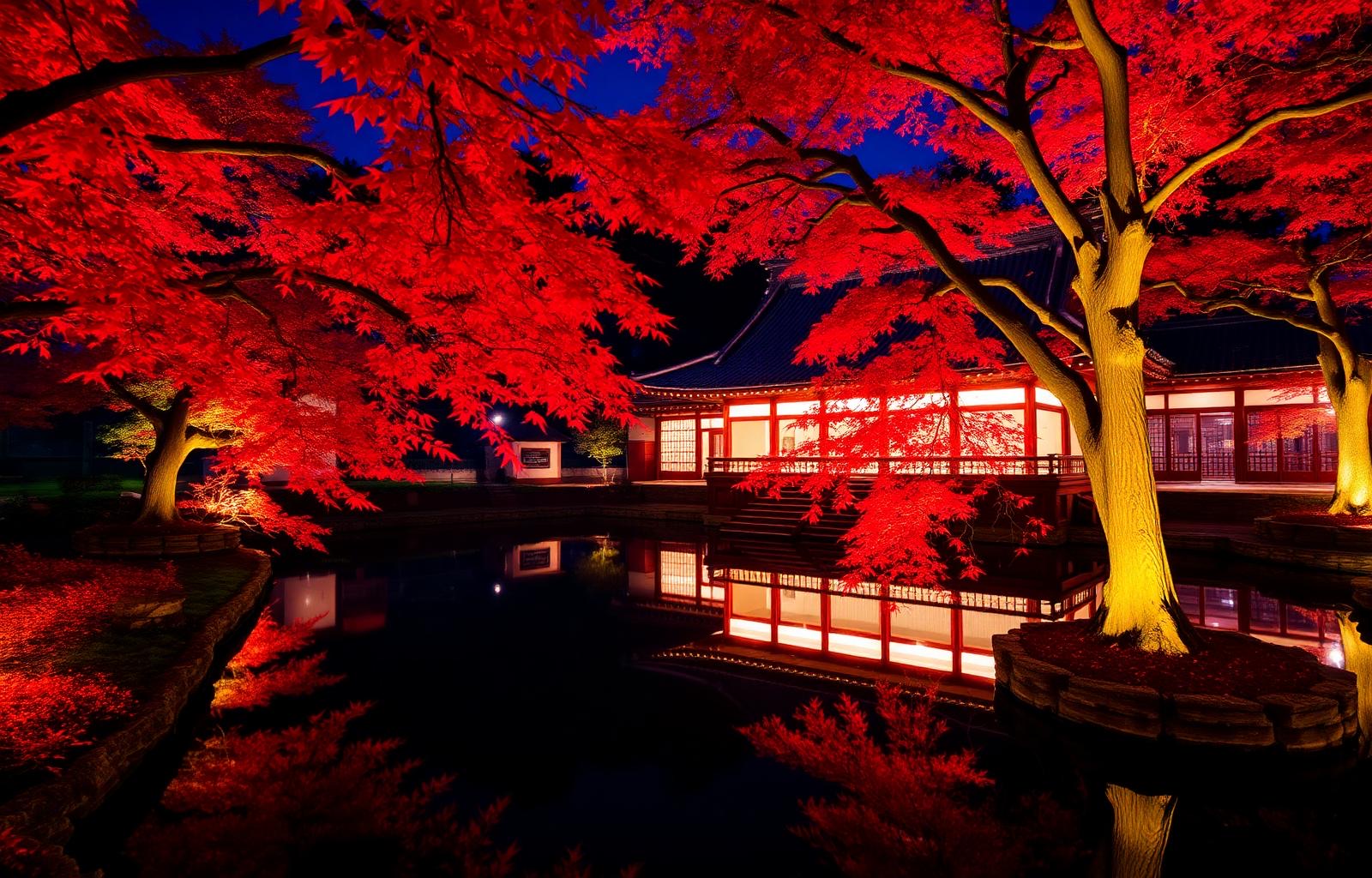 สวน Eikando ประดับไฟท่ามกลางใบเมเปิลสีแดงยามค่ำคืน