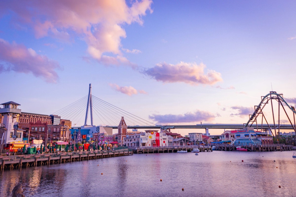 Universal Studios Japan waterfront and roller coaster view